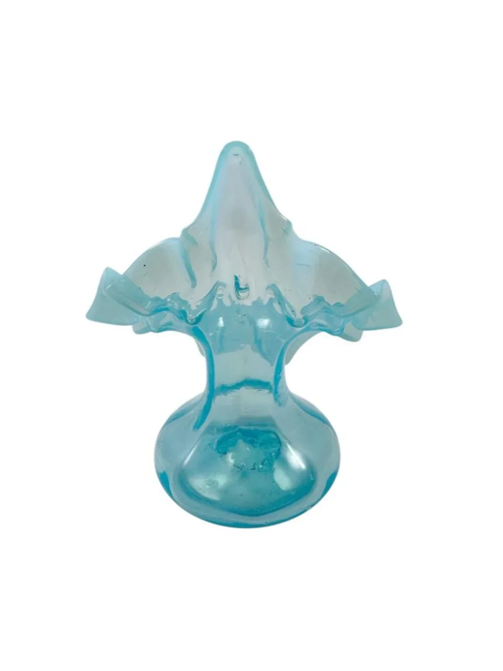 Pair of Jack in the Pulpit Squat Vases Candle Holders Blue Opalescent Vtg 1920s